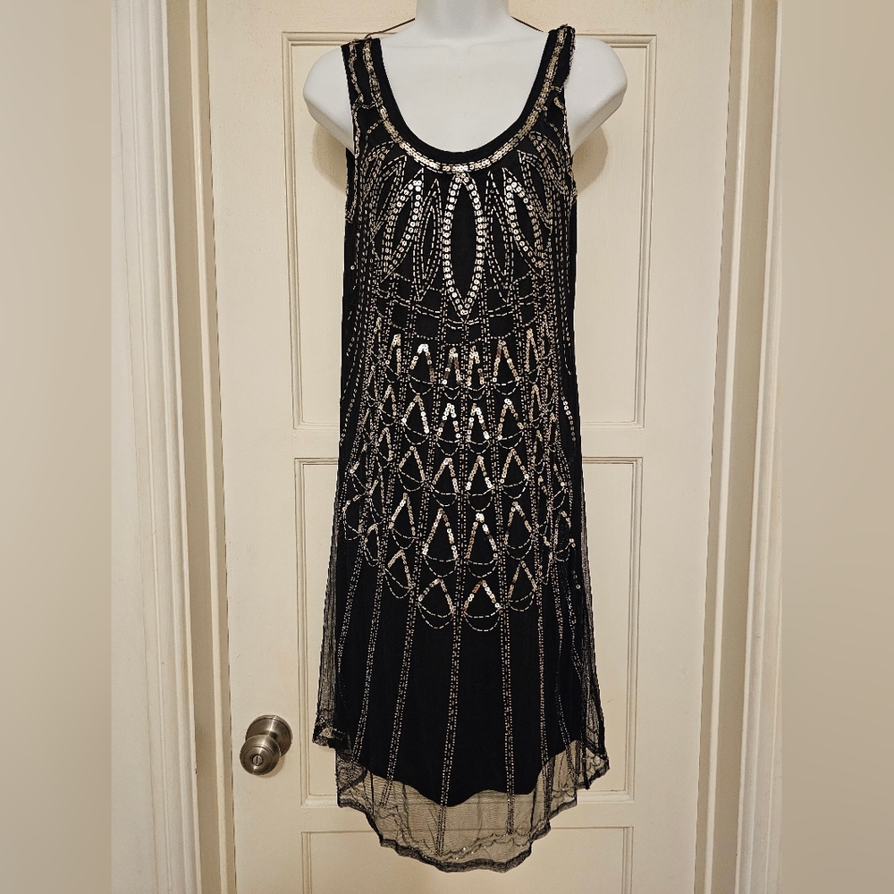 Black and Silver Beaded Dress M EUC